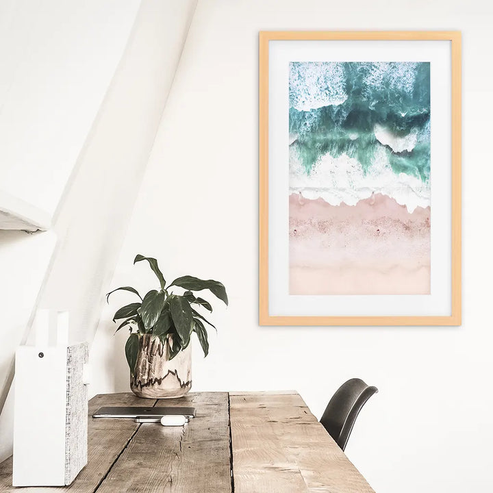Aerial Coastal Ocean Wall Decor. Pink Beach, Blue Waves
