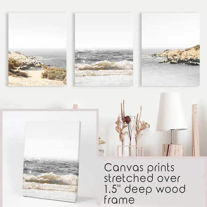 3 Piece Beige Ocean Beach Decor. Gray Waves with Rocks Wall Art