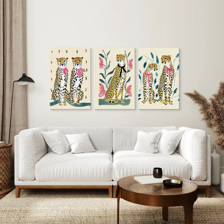 Funny Leopard Set. Modern Wall Art Prints. Beige &amp; Pink
