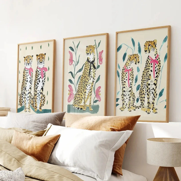 Funny Leopard Set. Modern Wall Art Prints. Beige &amp; Pink