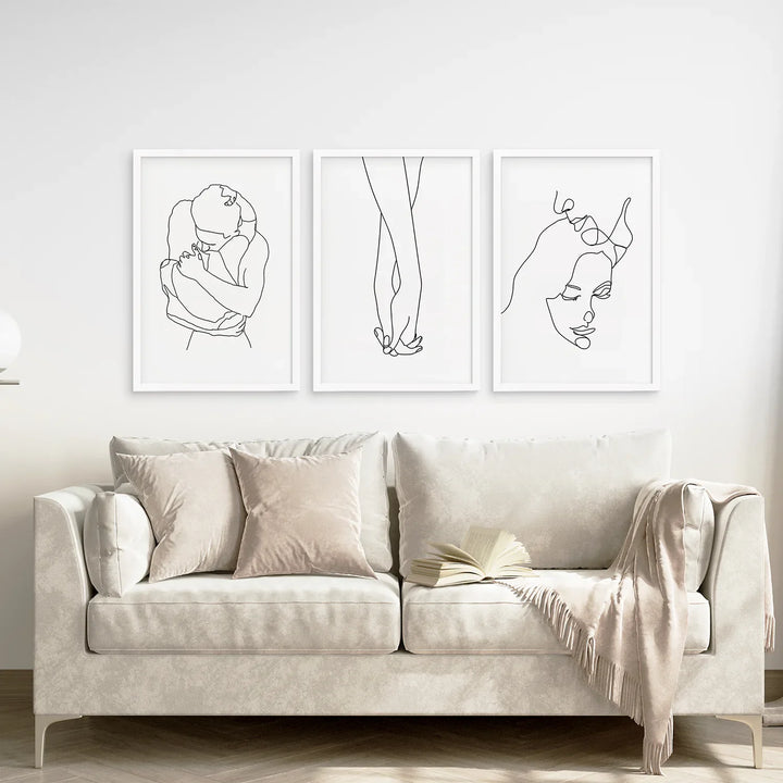 3 Piece Minimalistic Line Art Set. Couple, Holding Hands