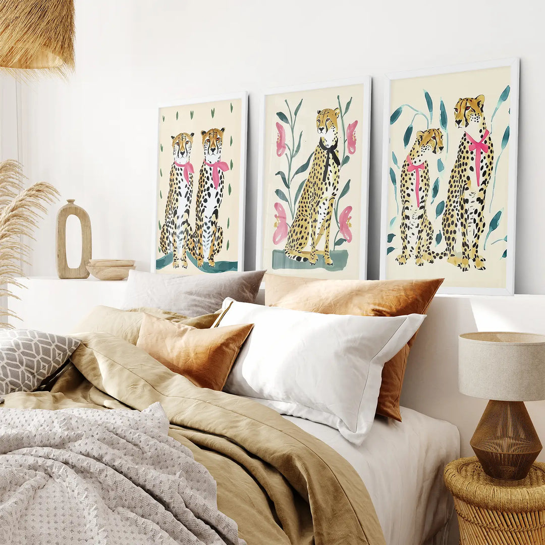 Funny Leopard Set. Modern Wall Art Prints. Beige &amp; Pink
