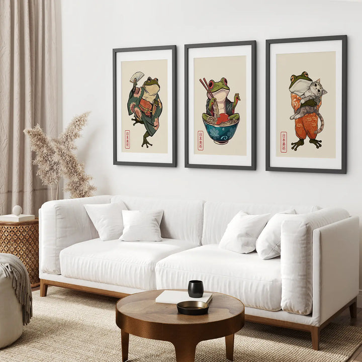 Funny Frog and Cat. Japanese Art. Matsumoto Hoji Poster