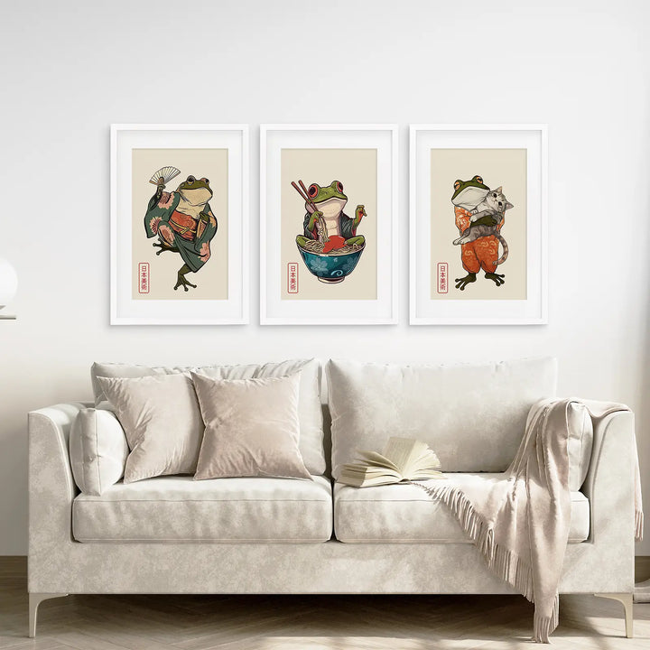 Funny Frog and Cat. Japanese Art. Matsumoto Hoji Poster