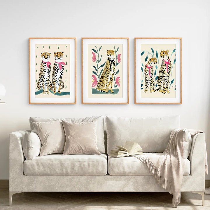 Funny Leopard Set. Modern Wall Art Prints. Beige &amp; Pink