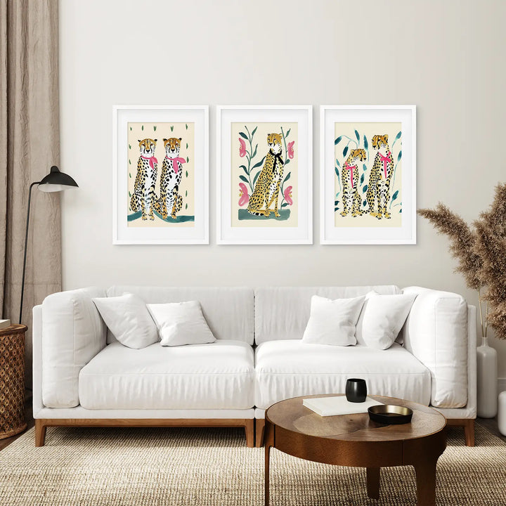 Funny Leopard Set. Modern Wall Art Prints. Beige &amp; Pink