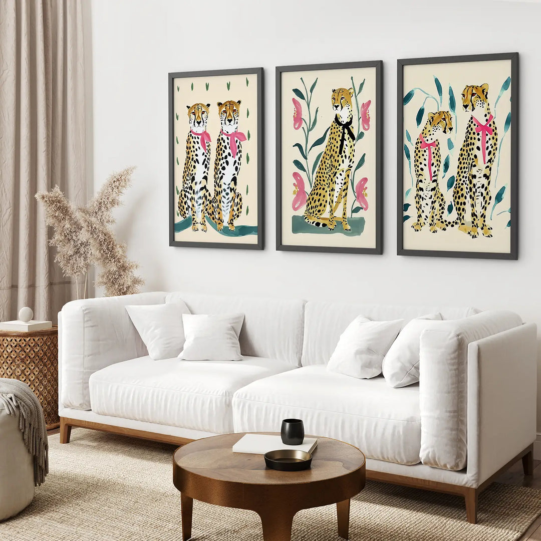 Funny Leopard Set. Modern Wall Art Prints. Beige &amp; Pink