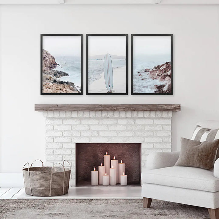 3 Piece Surf Wall Art. Surfboard, Blue Ocean Beach, Rocks