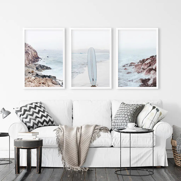 3 Piece Surf Wall Art. Surfboard, Blue Ocean Beach, Rocks