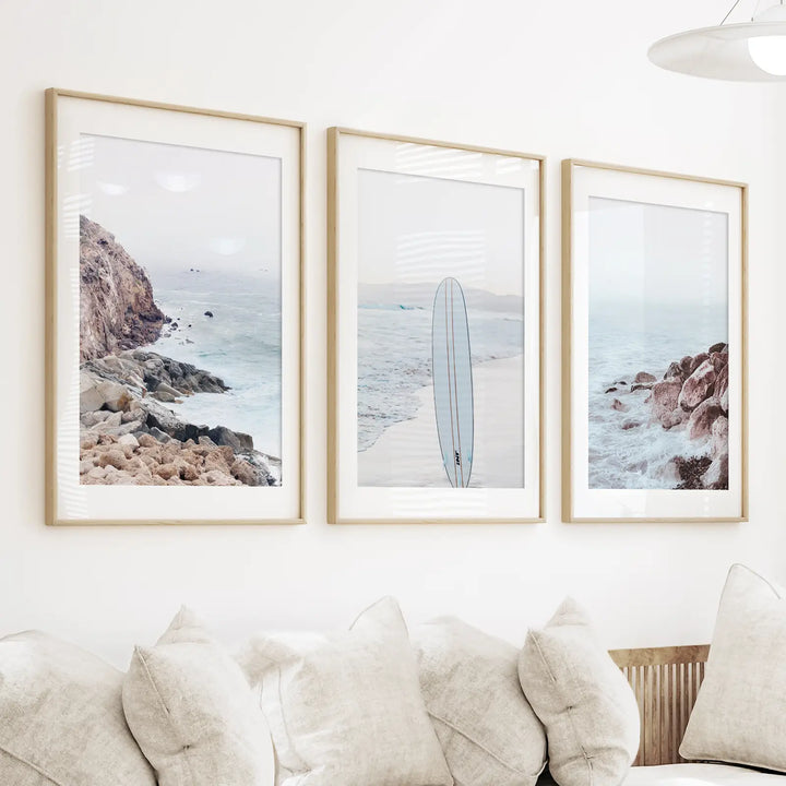 3 Piece Surf Wall Art. Surfboard, Blue Ocean Beach, Rocks