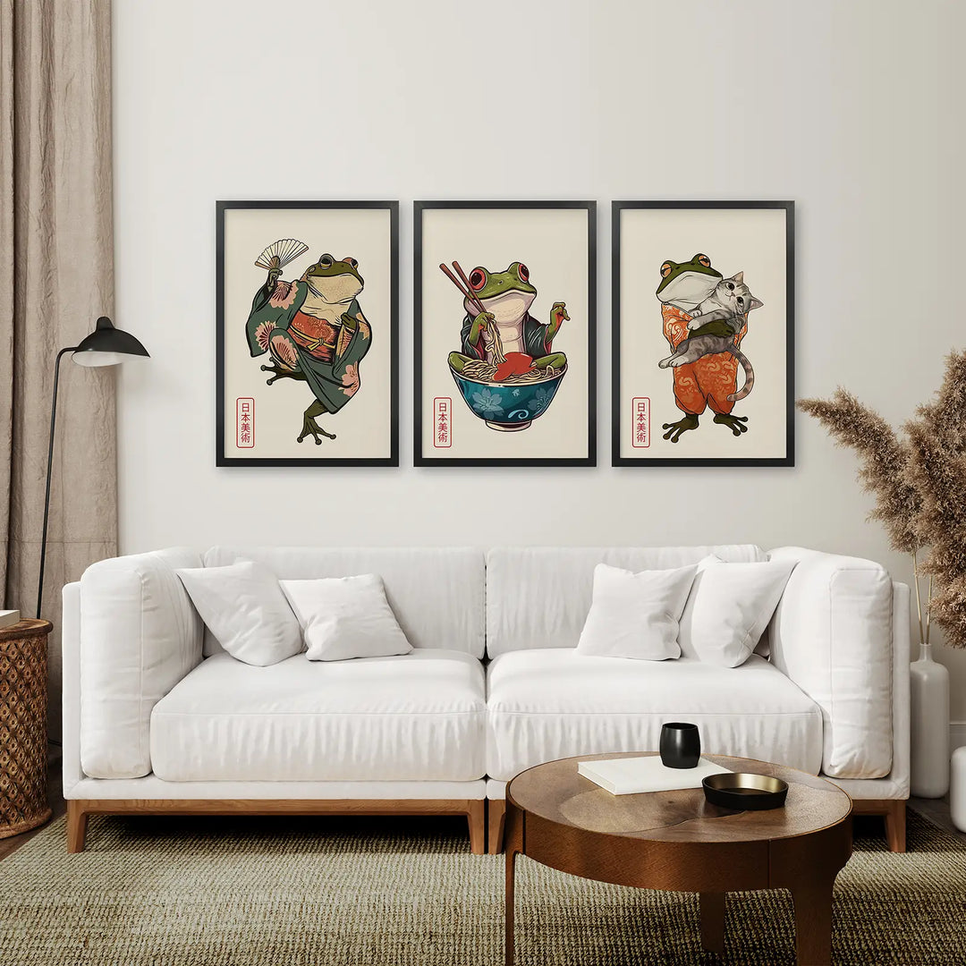 Funny Frog and Cat. Japanese Art. Matsumoto Hoji Poster