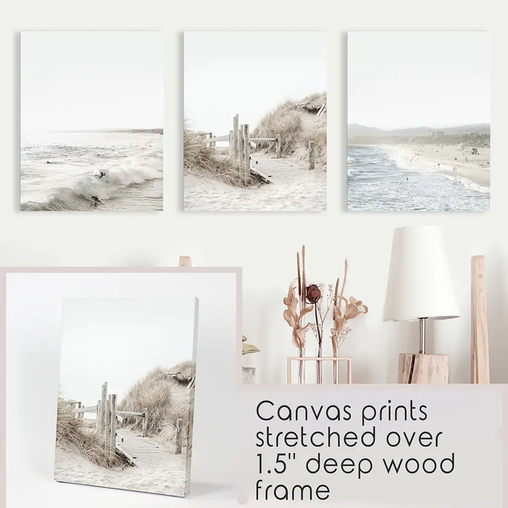 3 Piece Coastal Landscape. Waves, Surfers, Beach Pathway