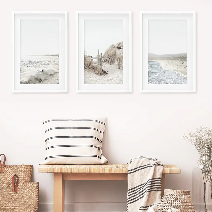 3 Piece Coastal Landscape. Waves, Surfers, Beach Pathway