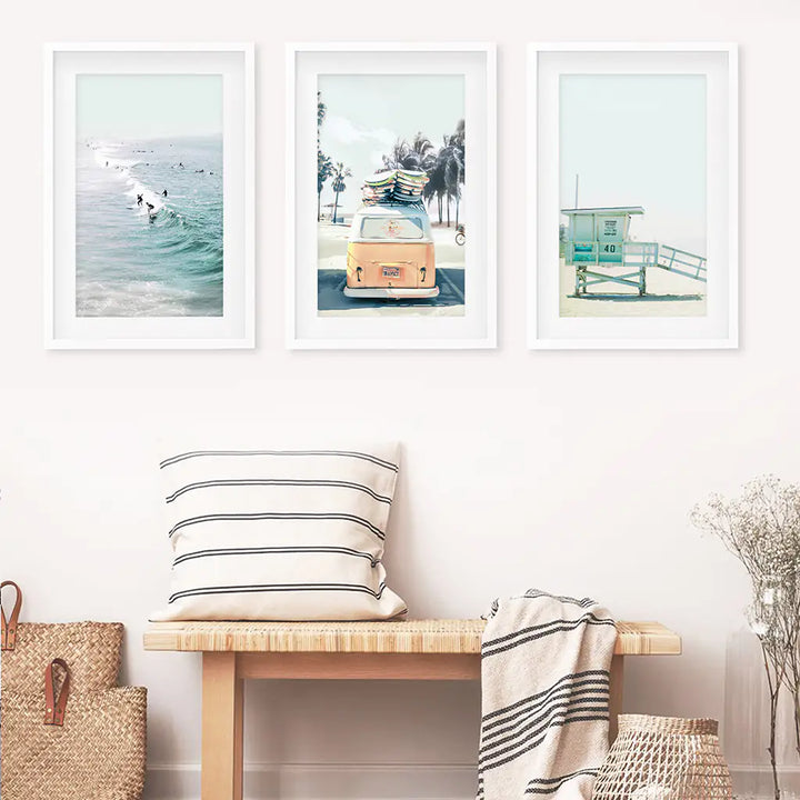 California Wall Art. Surfers on the Waves, Yellow Van, Lifeguard