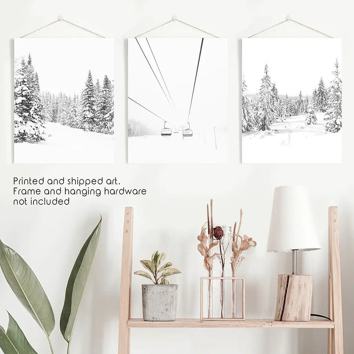Winter Skiing Black White Wall Art. Ski Lift, Snowy Forest