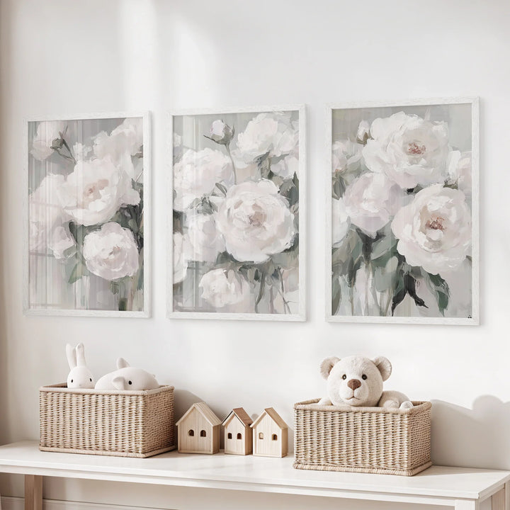 Romantic White Flower 3 Piece Wall Art. Peony Painting Print