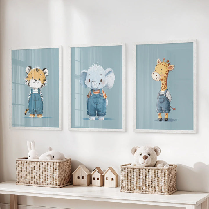 Safari Nursery Wall Art Set of 3. Baby Elephant, Giraffe, Tiger