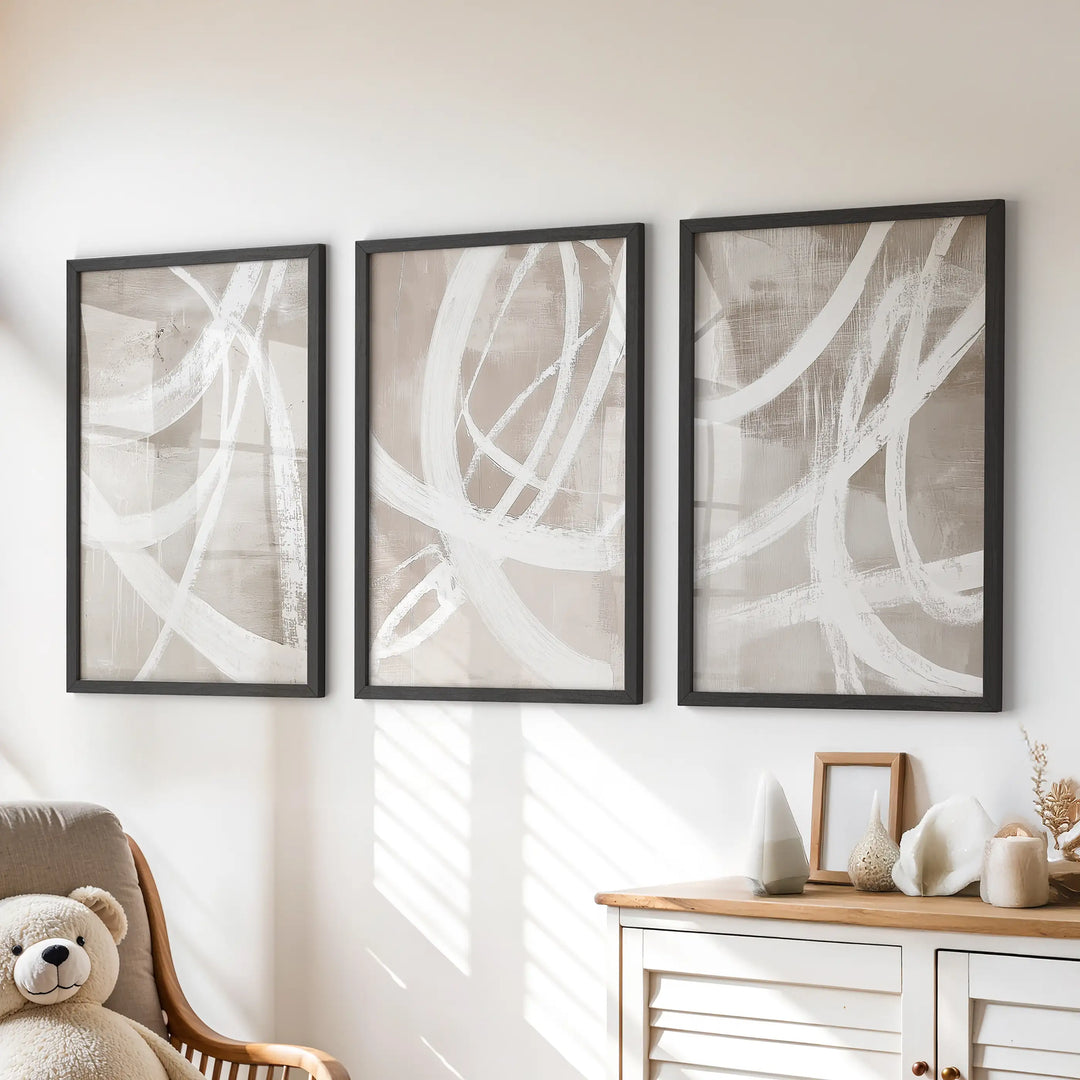 Modern Minimalist Abstract Triptych. Neutral Brush Stroke Art