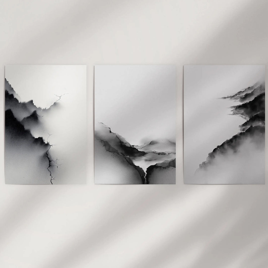 Black White Mountain Landscape Art Set of 3. Calming Nature