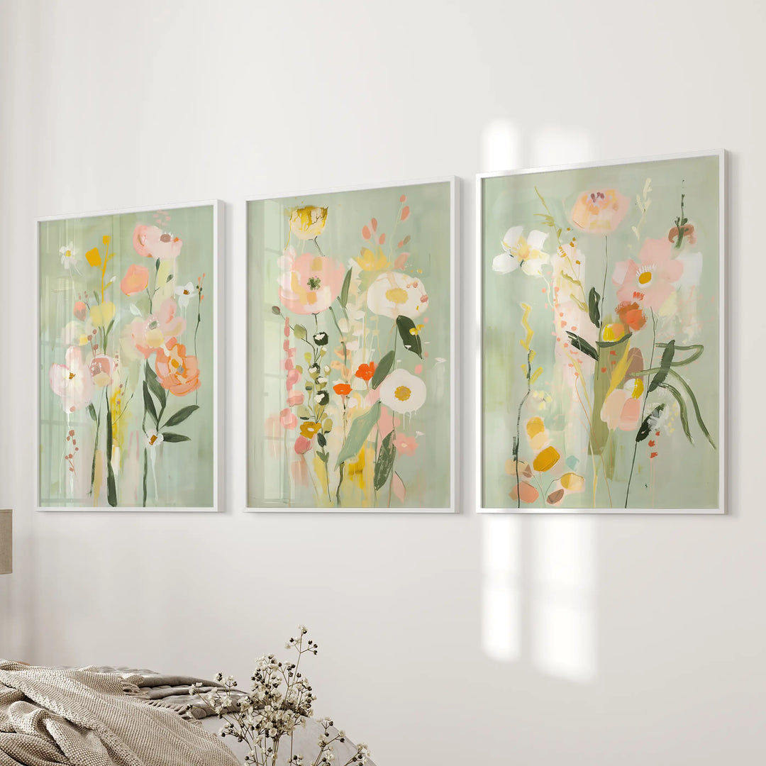 Modern Floral Art Set of 3. Colorful Abstract Meadow Prints