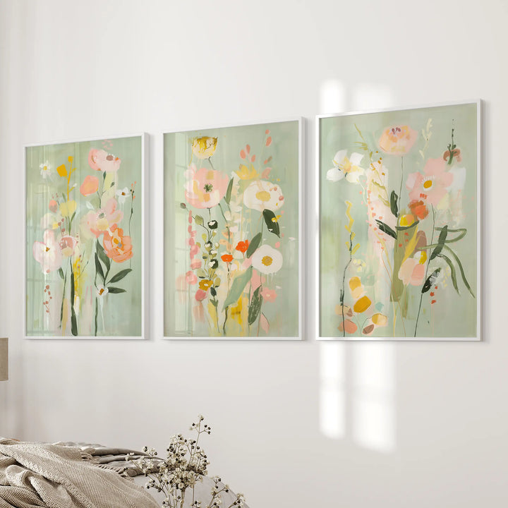Modern Floral Art Set of 3. Colorful Abstract Meadow Prints