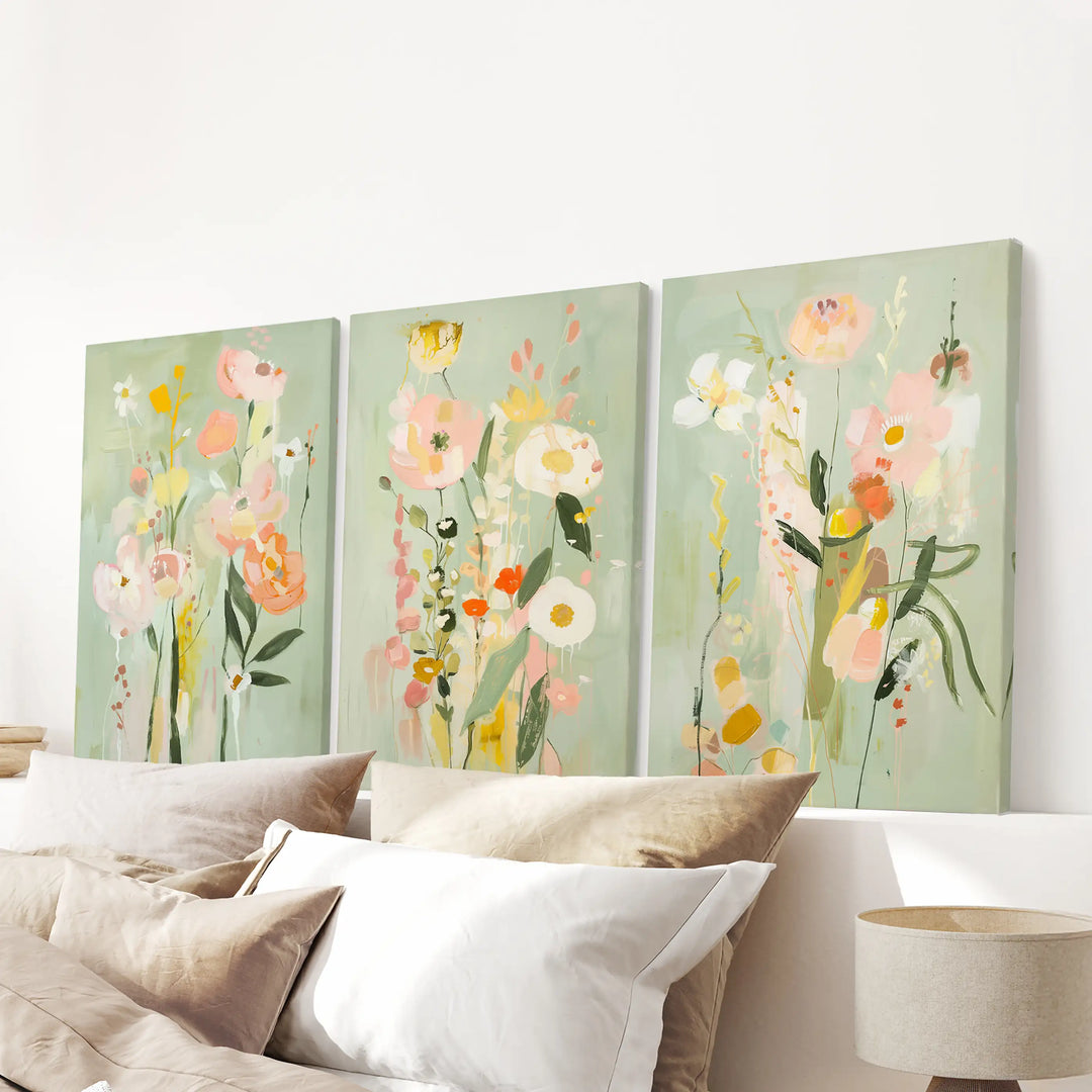 Modern Floral Art Set of 3. Colorful Abstract Meadow Prints