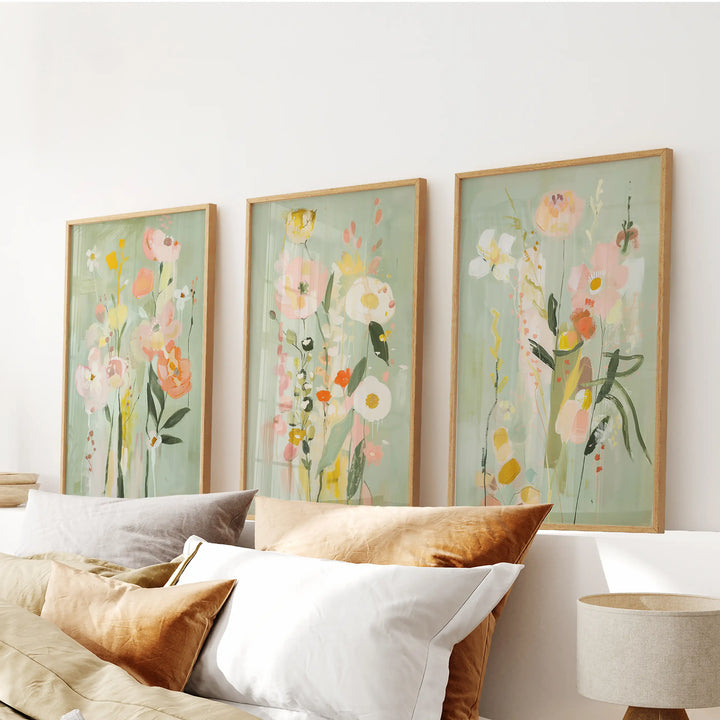 Modern Floral Art Set of 3. Colorful Abstract Meadow Prints