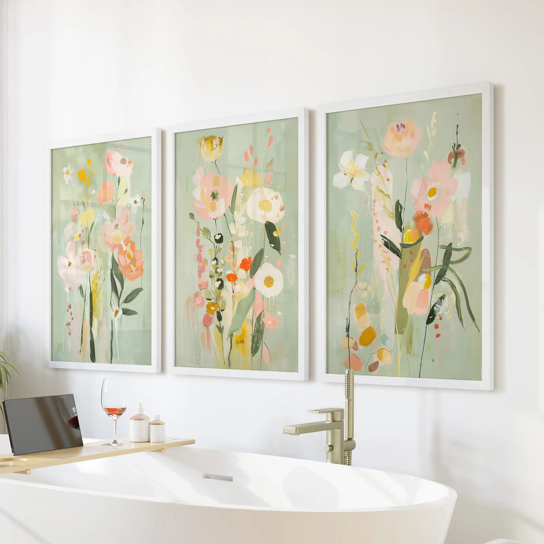 Modern Floral Art Set of 3. Colorful Abstract Meadow Prints