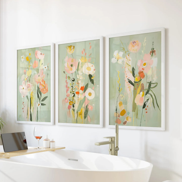 Modern Floral Art Set of 3. Colorful Abstract Meadow Prints