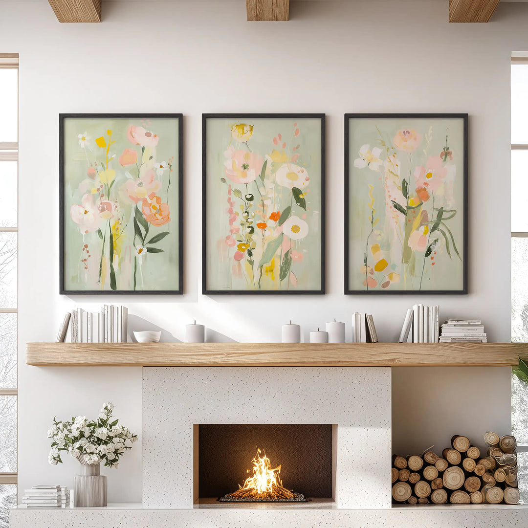 Modern Floral Art Set of 3. Colorful Abstract Meadow Prints