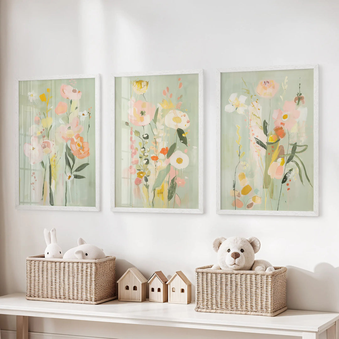 Modern Floral Art Set of 3. Colorful Abstract Meadow Prints
