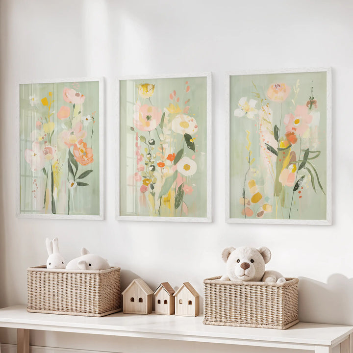 Modern Floral Art Set of 3. Colorful Abstract Meadow Prints