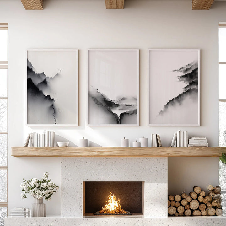 Black White Mountain Landscape Art Set of 3. Calming Nature