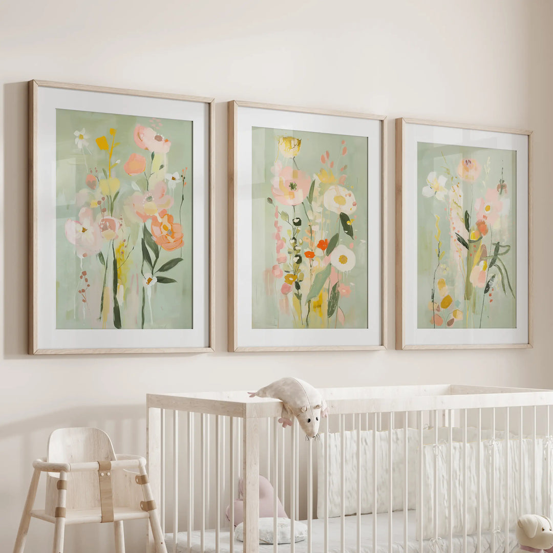 Modern Floral Art Set of 3. Colorful Abstract Meadow Prints