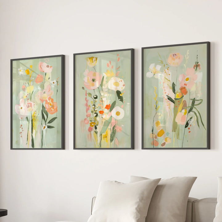 Modern Floral Art Set of 3. Colorful Abstract Meadow Prints