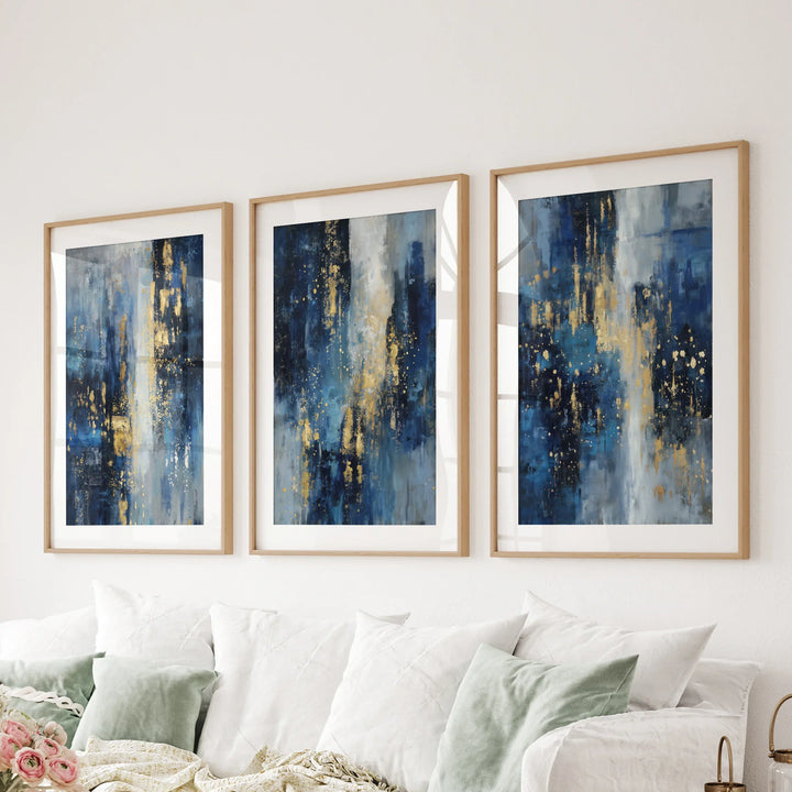 Navy Blue and Gold Triptych. Sparkle Oil Painting Prints
