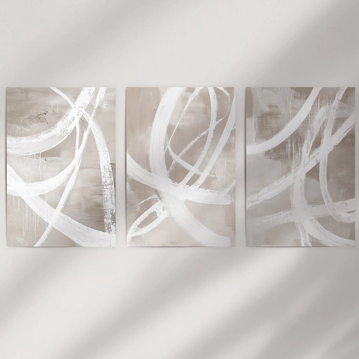 Modern Minimalist Abstract Triptych. Neutral Brush Stroke Art
