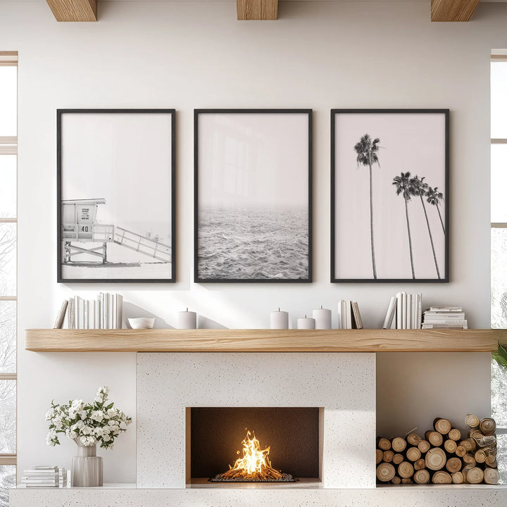 Black White Coastal Wall Art Set: Palms, Ocean, Lifeguard