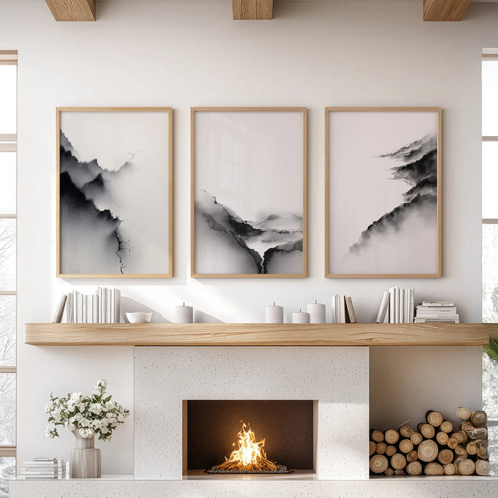 Black White Mountain Landscape Art Set of 3. Calming Nature