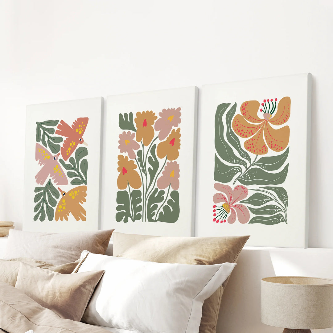 Abstract Botanical Set of 3 Prints. Retro Flower Gallery Art