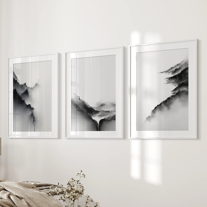 Black White Mountain Landscape Art Set of 3. Calming Nature