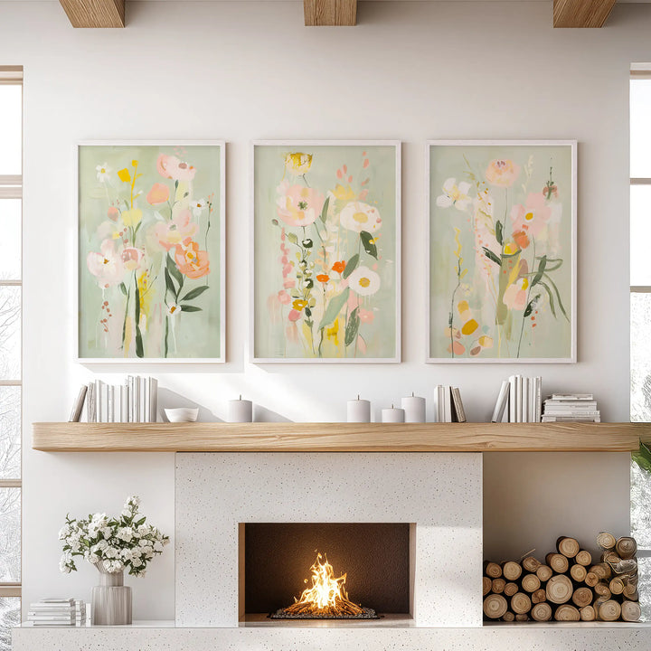 Modern Floral Art Set of 3. Colorful Abstract Meadow Prints
