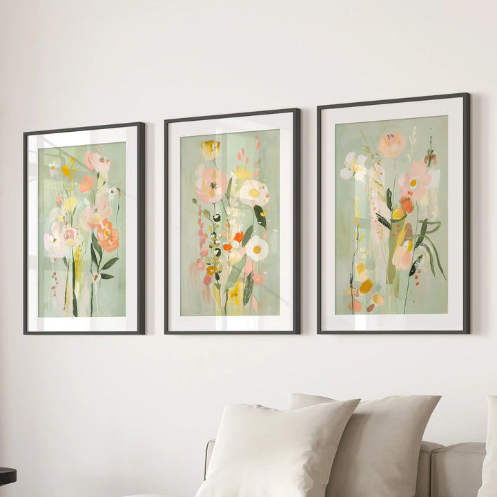 Modern Floral Art Set of 3. Colorful Abstract Meadow Prints