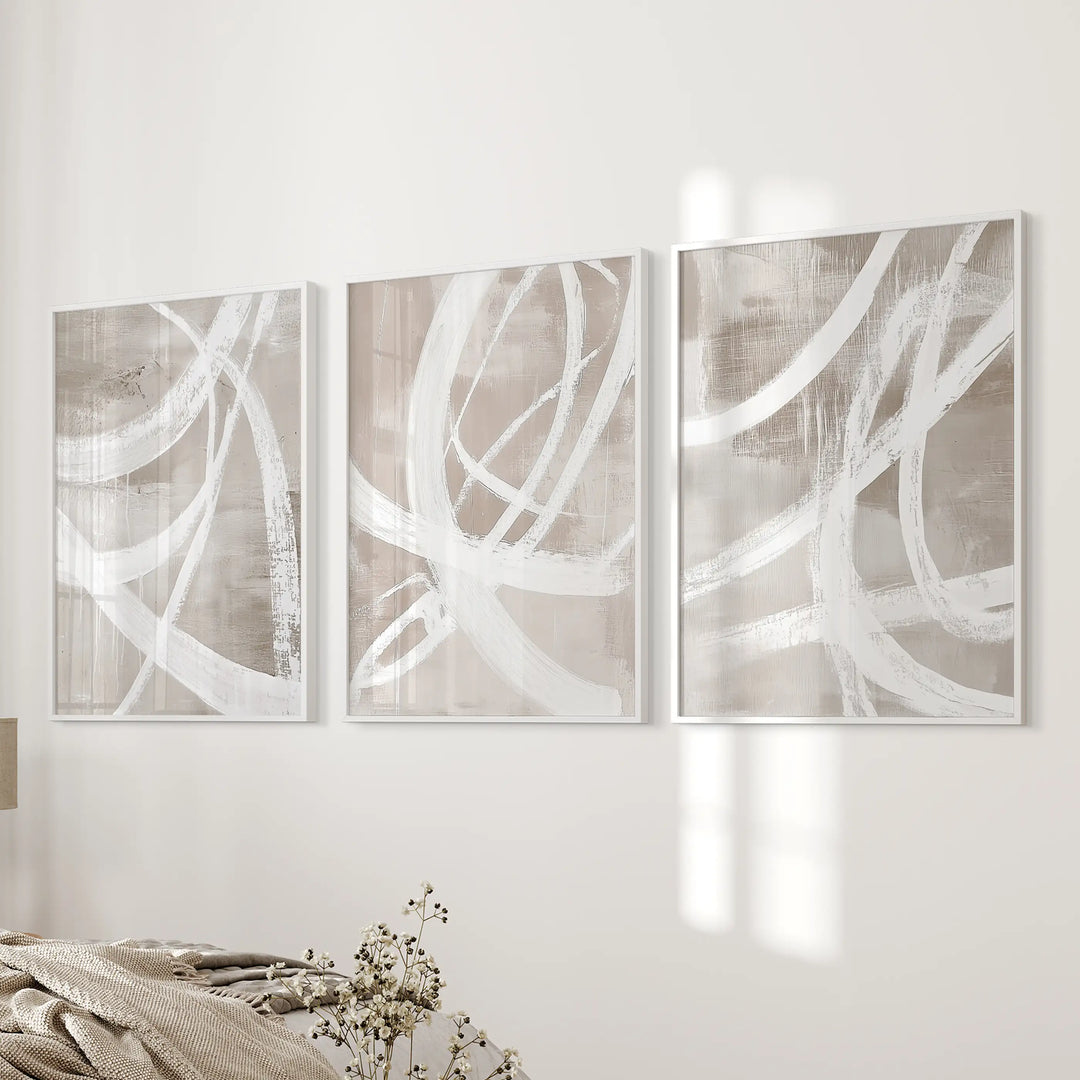 Modern Minimalist Abstract Triptych. Neutral Brush Stroke Art