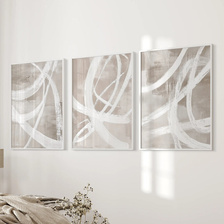 Modern Minimalist Abstract Triptych. Neutral Brush Stroke Art