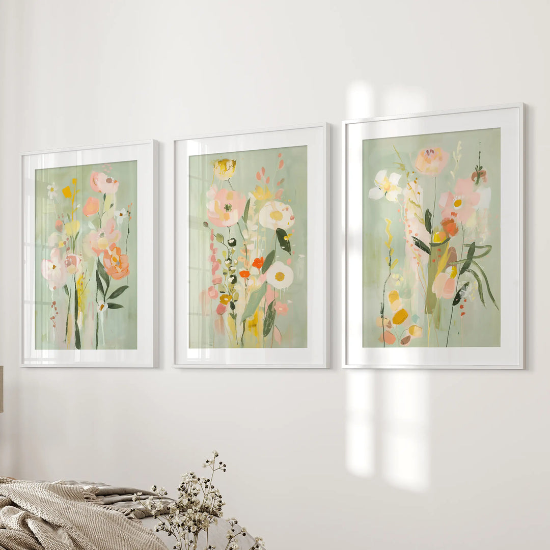 Modern Floral Art Set of 3. Colorful Abstract Meadow Prints