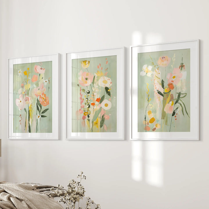 Modern Floral Art Set of 3. Colorful Abstract Meadow Prints