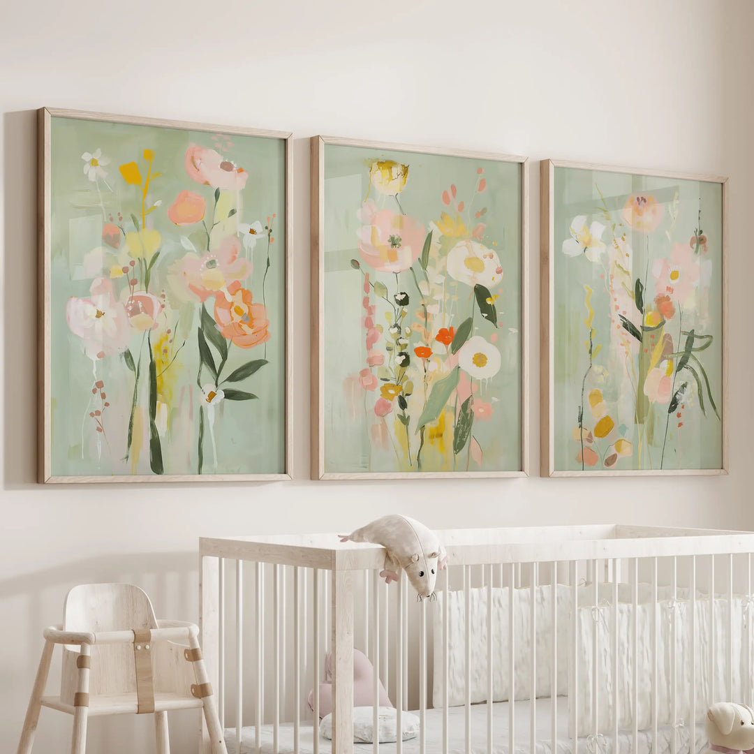 Modern Floral Art Set of 3. Colorful Abstract Meadow Prints