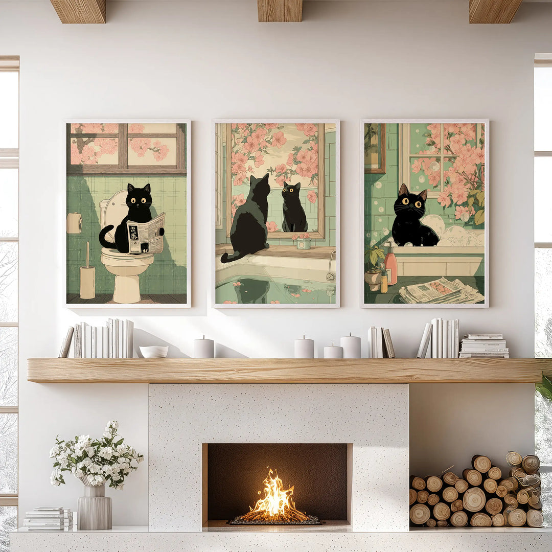 Funny Bathroom Poster. Japan Cat Pooping Wall Art Set of 3