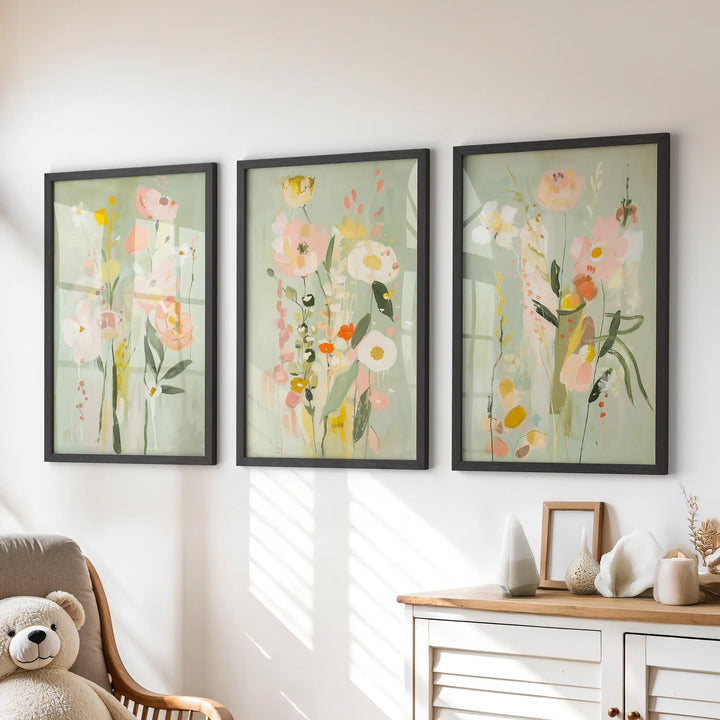 Modern Floral Art Set of 3. Colorful Abstract Meadow Prints